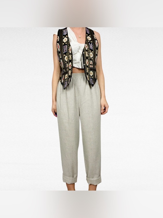 Vintage Pants - VINTAGE Briggs New York Beige Taupe Micro Plaid High Waist Pull On Flax Pants